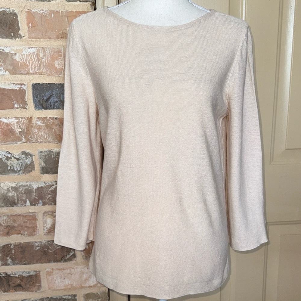 J. Jill Beige Linen Cotton Knit Sweater 3/4 Sleeve Boatneck Vented Hem & Cuffs